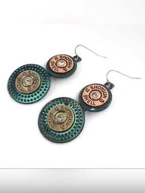 NWT Large Patina Shotgun Shell Bullet Western Style Dangle Earrings Mixed Metal